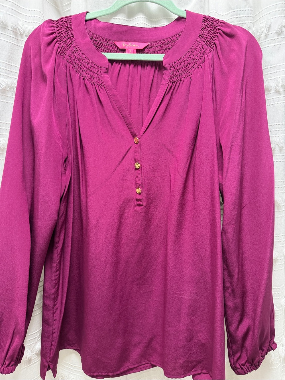 Lilly Pulitzer Women's Fuchsia Smocked Yoke Long Sleeve Blouse